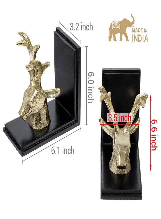 MyGift Brass Decorative Bookends, Modern Stag, Book Ends Holder Stopper for Shelves, Cast Aluminum Male Deer Head on Black Acacia Wood, for Home Library Office Desk, Handcrafted in India, 1 Pair - Image 5