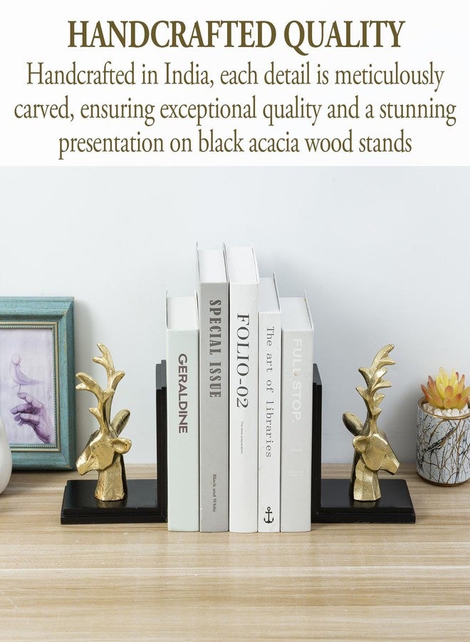 MyGift Brass Decorative Bookends, Modern Stag, Book Ends Holder Stopper for Shelves, Cast Aluminum Male Deer Head on Black Acacia Wood, for Home Library Office Desk, Handcrafted in India, 1 Pair - Image 2
