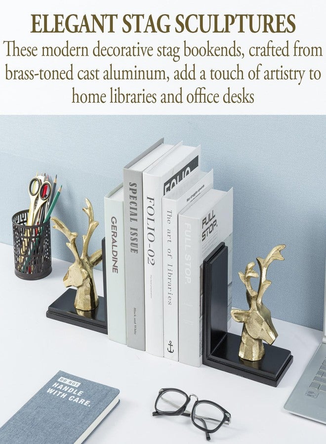 MyGift Brass Decorative Bookends, Modern Stag, Book Ends Holder Stopper for Shelves, Cast Aluminum Male Deer Head on Black Acacia Wood, for Home Library Office Desk, Handcrafted in India, 1 Pair - Image 3