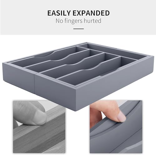 oridom Expandable Bamboo Kitchen Drawer Organizer for Cutlery and Utensils, Adjustable Bamboo Wood Cutlery Tray in Drawer for Flatware and Silverware in Kitchen, (Grey) - Image 5