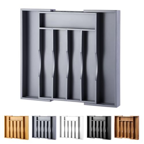 oridom Expandable Bamboo Kitchen Drawer Organizer for Cutlery and Utensils, Adjustable Bamboo Wood Cutlery Tray in Drawer for Flatware and Silverware in Kitchen, (Grey) - Image 1