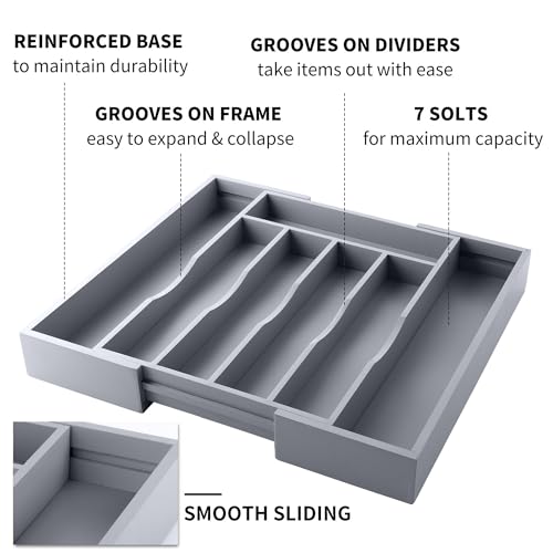 oridom Expandable Bamboo Kitchen Drawer Organizer for Cutlery and Utensils, Adjustable Bamboo Wood Cutlery Tray in Drawer for Flatware and Silverware in Kitchen, (Grey) - Image 3