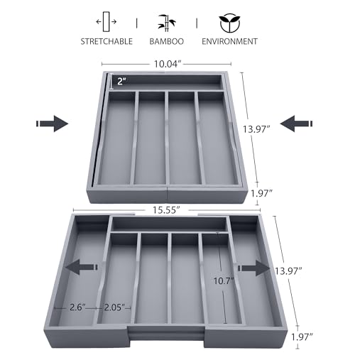 oridom Expandable Bamboo Kitchen Drawer Organizer for Cutlery and Utensils, Adjustable Bamboo Wood Cutlery Tray in Drawer for Flatware and Silverware in Kitchen, (Grey) - Image 2
