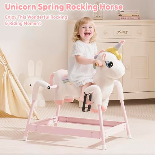 FUNLIO Unicorn Spring Rocking Horse for Kids 36 Rainbow Fairy Ride on Horse with Covered Spring Sturdy Frame Neighing Galloping Sound for Pretend Play Horse Toys Gift CPC CE Certified - Image 5