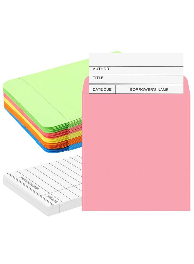 Fainne 100 Pieces Library Card Pocket with Envelopes Self Adhesive Book Library Checkout Cards for Cds Dvds School Classroom Office Supplies and Gift Tag(Colorful Pocket) - Image 1
