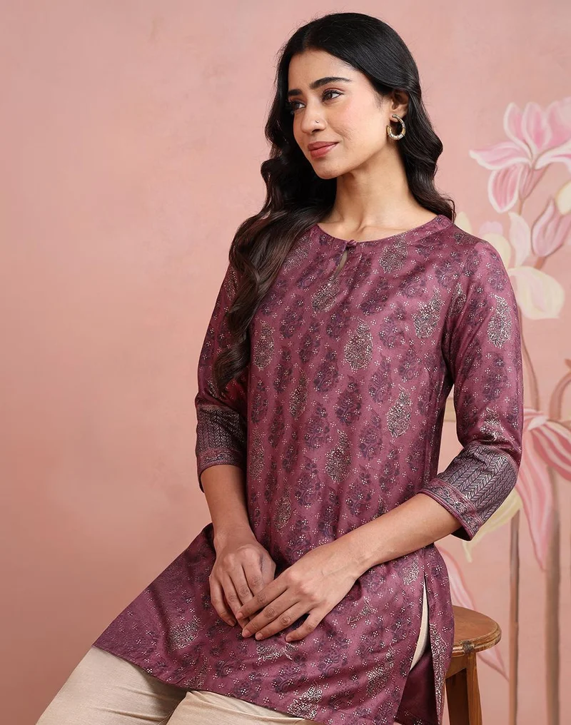 فاب انديا Lavender Viscose Silk Hand Block Printed Slim Fit Short Kurta