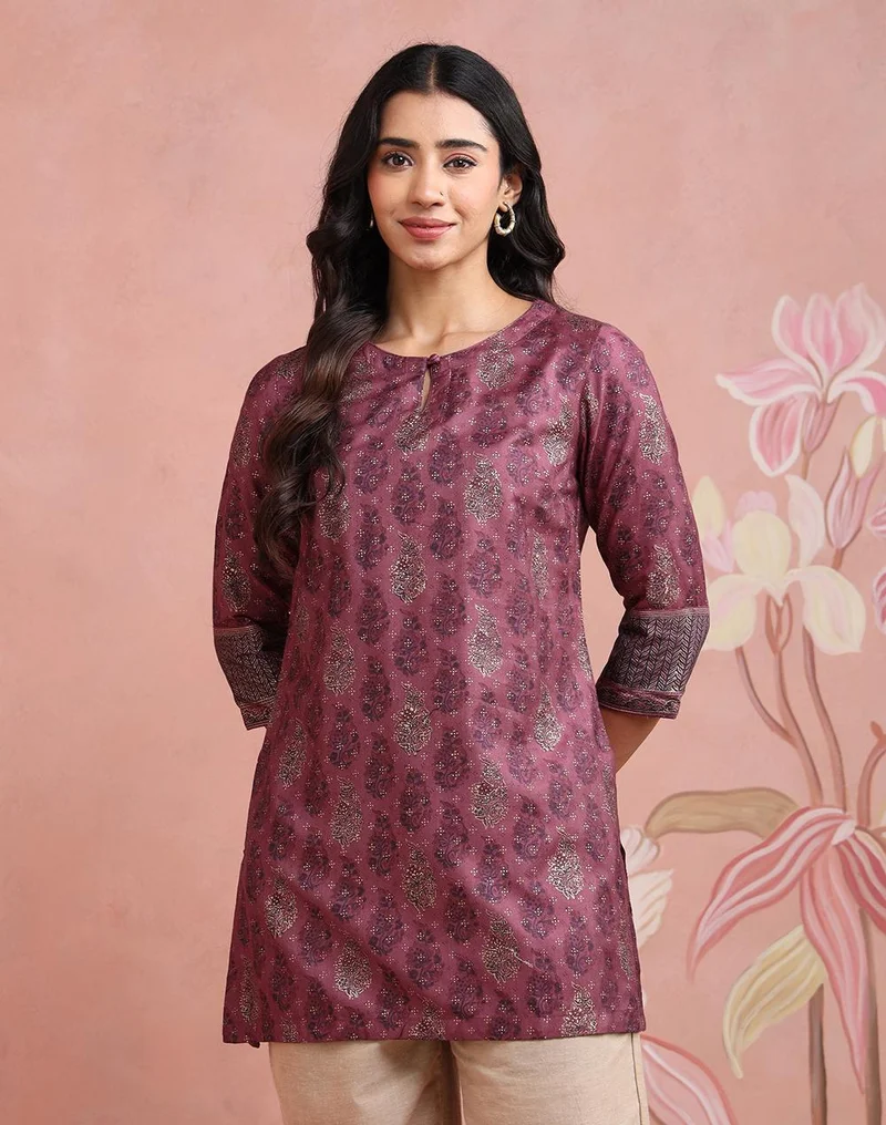 فاب انديا Lavender Viscose Silk Hand Block Printed Slim Fit Short Kurta