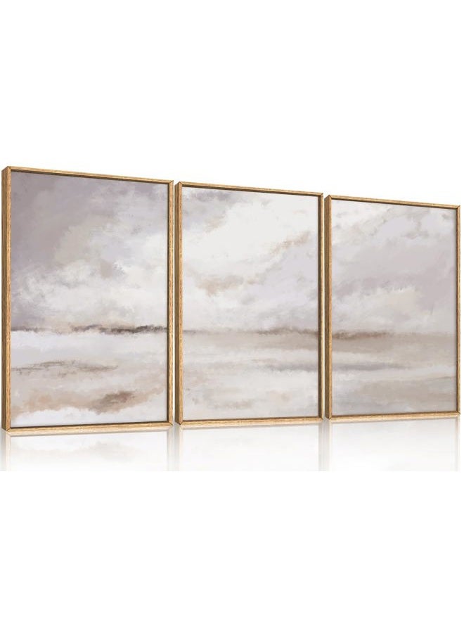 DRACIT Large Textured Canvas Wall Decor 16 * 24 Inch Modern Landscape Painting Set of 3 Framed Silver Neutral Wall Art Watercolor Abstract Oilpainting Artwork for Living Room Bedroom Office Farmhouse - Image 1