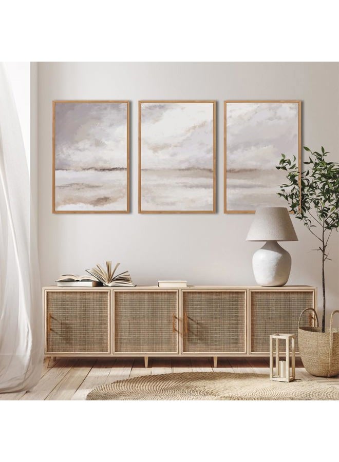 DRACIT Large Textured Canvas Wall Decor 16 * 24 Inch Modern Landscape Painting Set of 3 Framed Silver Neutral Wall Art Watercolor Abstract Oilpainting Artwork for Living Room Bedroom Office Farmhouse - Image 3