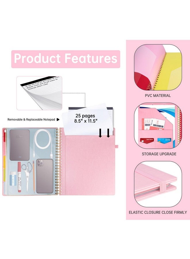 هاوتوكو حافظة جلدية مع حافظة بسحاب للتخزين، حامل بطاقة عمل، 5 فواصل مع 10 جيوب، ملصقات لمجلدات الملفات، حلقة قلم وحزام مطاطي، حافظة حلزونية، وردي - Image 3