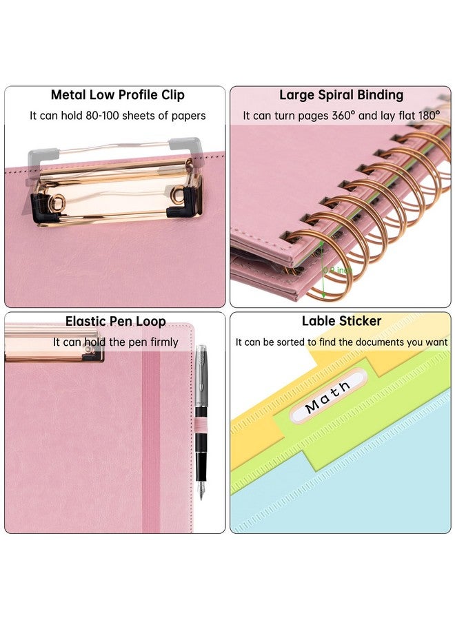 هاوتوكو حافظة جلدية مع حافظة بسحاب للتخزين، حامل بطاقة عمل، 5 فواصل مع 10 جيوب، ملصقات لمجلدات الملفات، حلقة قلم وحزام مطاطي، حافظة حلزونية، وردي - Image 5