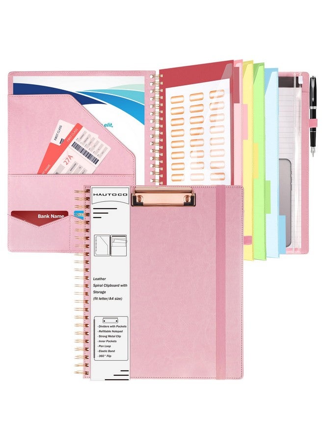 هاوتوكو حافظة جلدية مع حافظة بسحاب للتخزين، حامل بطاقة عمل، 5 فواصل مع 10 جيوب، ملصقات لمجلدات الملفات، حلقة قلم وحزام مطاطي، حافظة حلزونية، وردي - Image 1