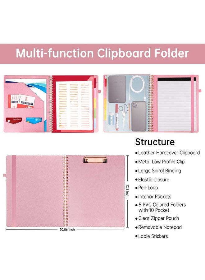 هاوتوكو حافظة جلدية مع حافظة بسحاب للتخزين، حامل بطاقة عمل، 5 فواصل مع 10 جيوب، ملصقات لمجلدات الملفات، حلقة قلم وحزام مطاطي، حافظة حلزونية، وردي - Image 2