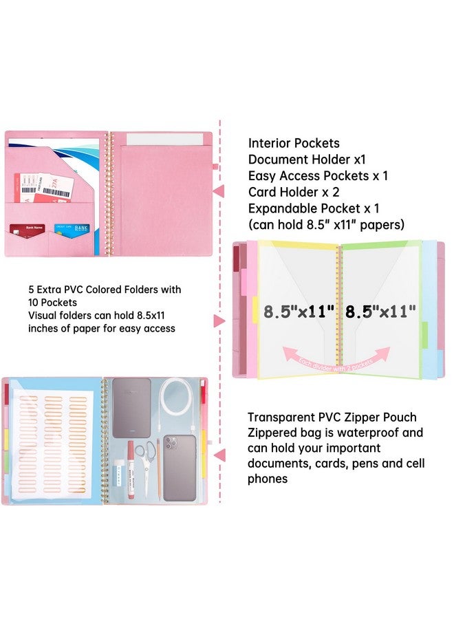 هاوتوكو حافظة جلدية مع حافظة بسحاب للتخزين، حامل بطاقة عمل، 5 فواصل مع 10 جيوب، ملصقات لمجلدات الملفات، حلقة قلم وحزام مطاطي، حافظة حلزونية، وردي - Image 4