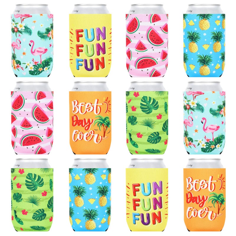 Whaline 12Pcs Summer Hawaiian Can Sleeves Reusable Cooler Insulated Can Sleeves Beer Can Cooler Covers Collapsible Insulator Drink Sleeves for 12oz Beverage Coffee Cans Bottles 6 Designs