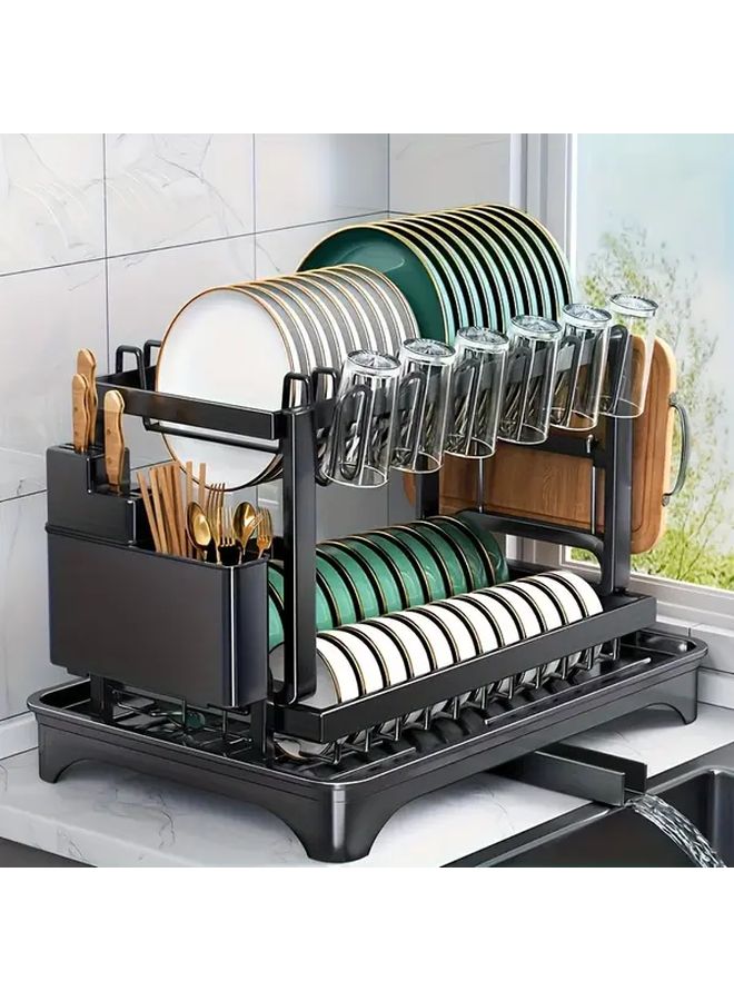 Heavy Duty Double Layer Kitchen Storage Rack With Dish Drainage And Utensil Holder Black Metal Countertop Organizer For Pots And Cutting Boards - Image 4