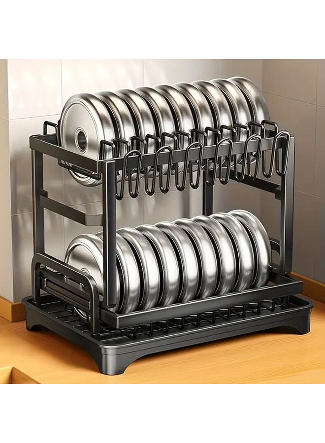 Heavy Duty Double Layer Kitchen Storage Rack With Dish Drainage And Utensil Holder Black Metal Countertop Organizer For Pots And Cutting Boards - Image 5