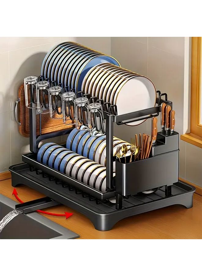Heavy Duty Double Layer Kitchen Storage Rack With Dish Drainage And Utensil Holder Black Metal Countertop Organizer For Pots And Cutting Boards - Image 2