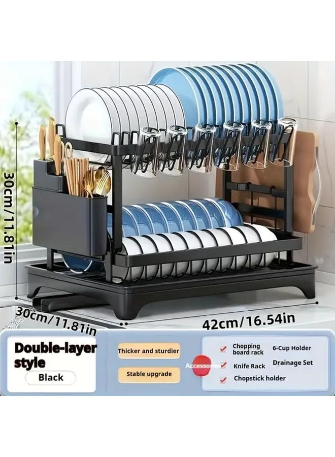 Heavy Duty Double Layer Kitchen Storage Rack With Dish Drainage And Utensil Holder Black Metal Countertop Organizer For Pots And Cutting Boards - Image 3