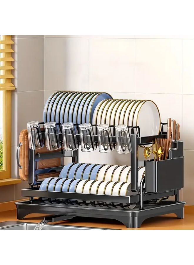 Heavy Duty Double Layer Kitchen Storage Rack With Dish Drainage And Utensil Holder Black Metal Countertop Organizer For Pots And Cutting Boards - Image 1
