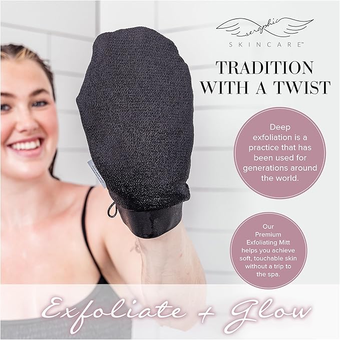 Seraphic Skincare Seraphic Skincare Original Premium Exfoliating Mitt for Body 2pc 100 Vegan Viscose Traditional Body Scrub Glove Kessa Korean Washcloth Body Exfoliator for SelfTan Removal Keratosis Pilaris
