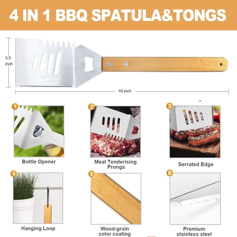 Taesun Grilling Accessories Anniversary Christmas Birthday Gifts for Dad, Heavy Duty Wooden BBQ Kit with Apron for Backyard, Thick Stainless Steel Grill Utensils with Non-Slip Handle Tools in Portable Bag - Image 2