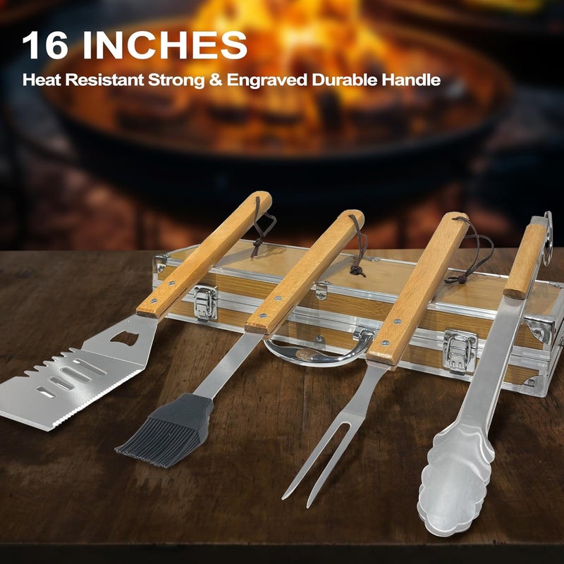 Taesun Grilling Accessories Anniversary Christmas Birthday Gifts for Dad, Heavy Duty Wooden BBQ Kit with Apron for Backyard, Thick Stainless Steel Grill Utensils with Non-Slip Handle Tools in Portable Bag - Image 4