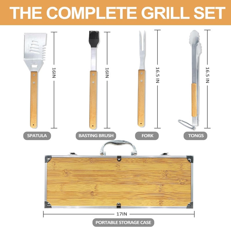 Taesun Grilling Accessories Anniversary Christmas Birthday Gifts for Dad, Heavy Duty Wooden BBQ Kit with Apron for Backyard, Thick Stainless Steel Grill Utensils with Non-Slip Handle Tools in Portable Bag - Image 3