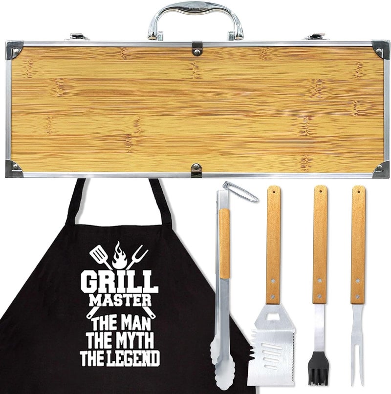 Taesun Grilling Accessories Anniversary Christmas Birthday Gifts for Dad, Heavy Duty Wooden BBQ Kit with Apron for Backyard, Thick Stainless Steel Grill Utensils with Non-Slip Handle Tools in Portable Bag - Image 1
