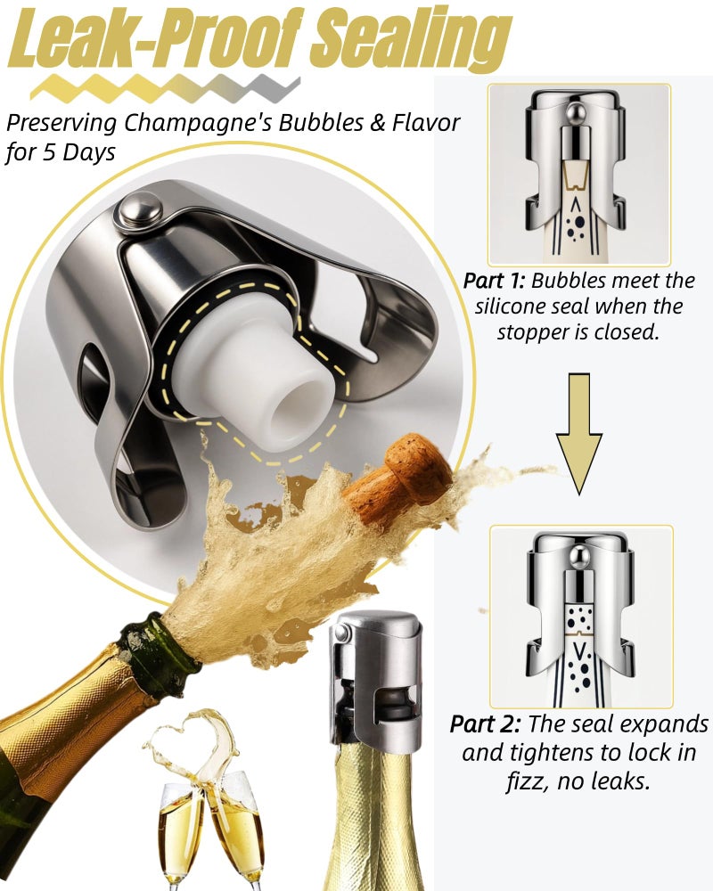 BovcTrraann Champagne Stoppers with Stainless Steel, Sparkling Wine Stoppers with Food Grade Silicone Leak Proof, Suitable for Champagne, Cava, Prosecco, Sparkling Wine (2Pack) - Image 4