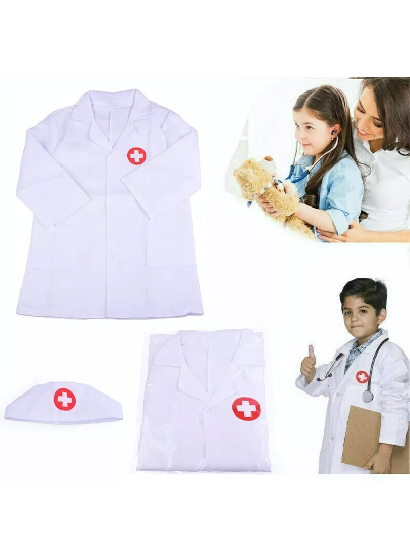 2 Piece Kids Dress Up Set, Children's Doctor Nurse Cosplay Costume, Role Play Hospital Unisex Coats and Cap, Doctor Party Accessories Birthday Gifts for Girls Boys  - Image 1