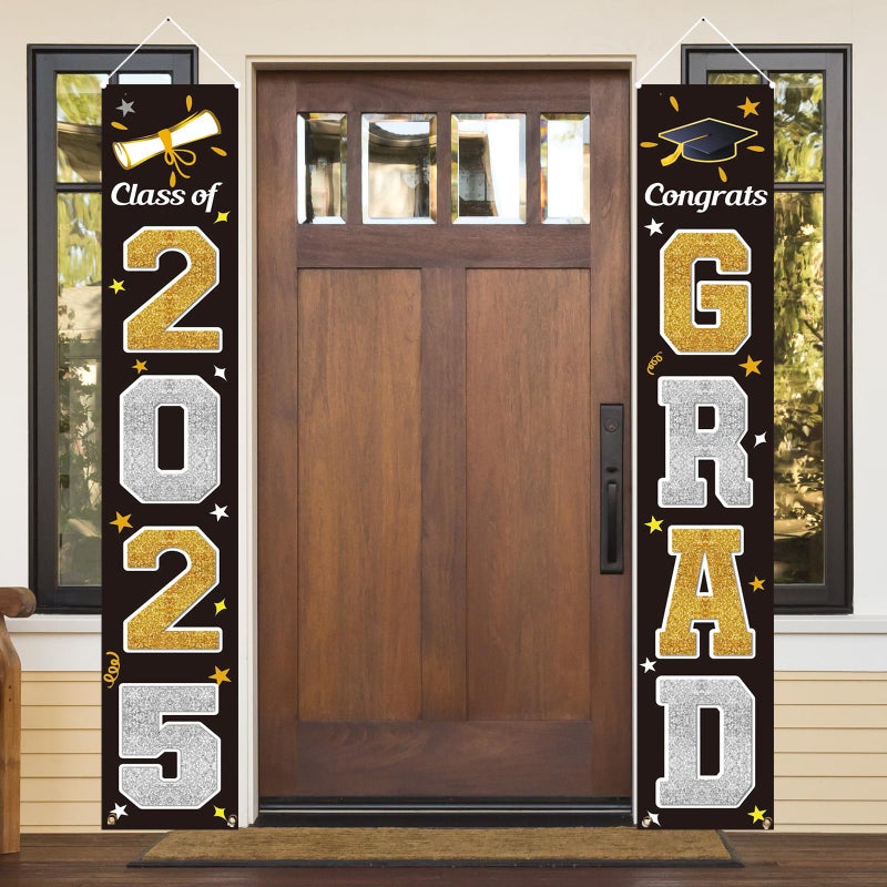 KMUYSL Graduation Decorations Class of 2025 Gold  Black Congrats Grad Banner Hanging Flags Porch Sign 2025 Graduation Decorations Party Supplies for Any School IndoorOutdoor Decor