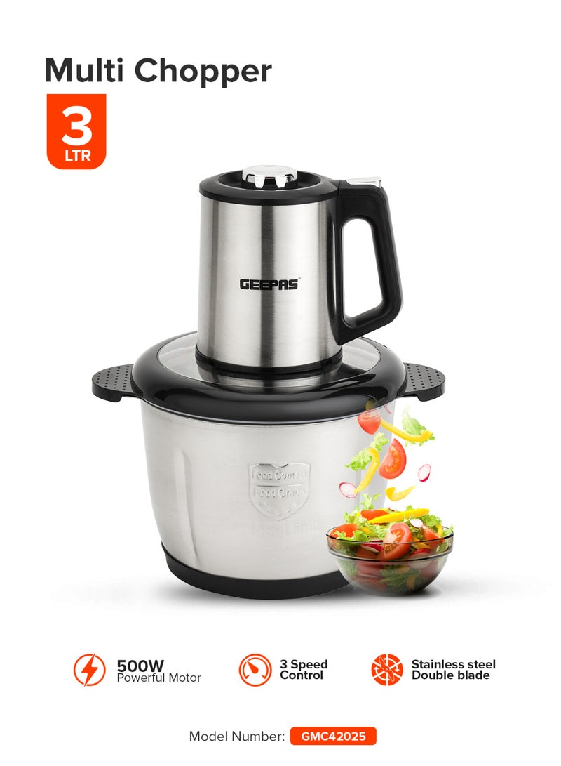 GEEPAS Multi-Functional Electric Food Chopper, Stainless Steel Double Blade, 3-Speed Control, Robust Stainless Steel Housing & Gear System, Overheat/Safety Protection, Anti-Slip Base, AC 220-240V, 50/60Hz, 3 L 3 L 500 W GMC42025N Black/Silver - Image 1