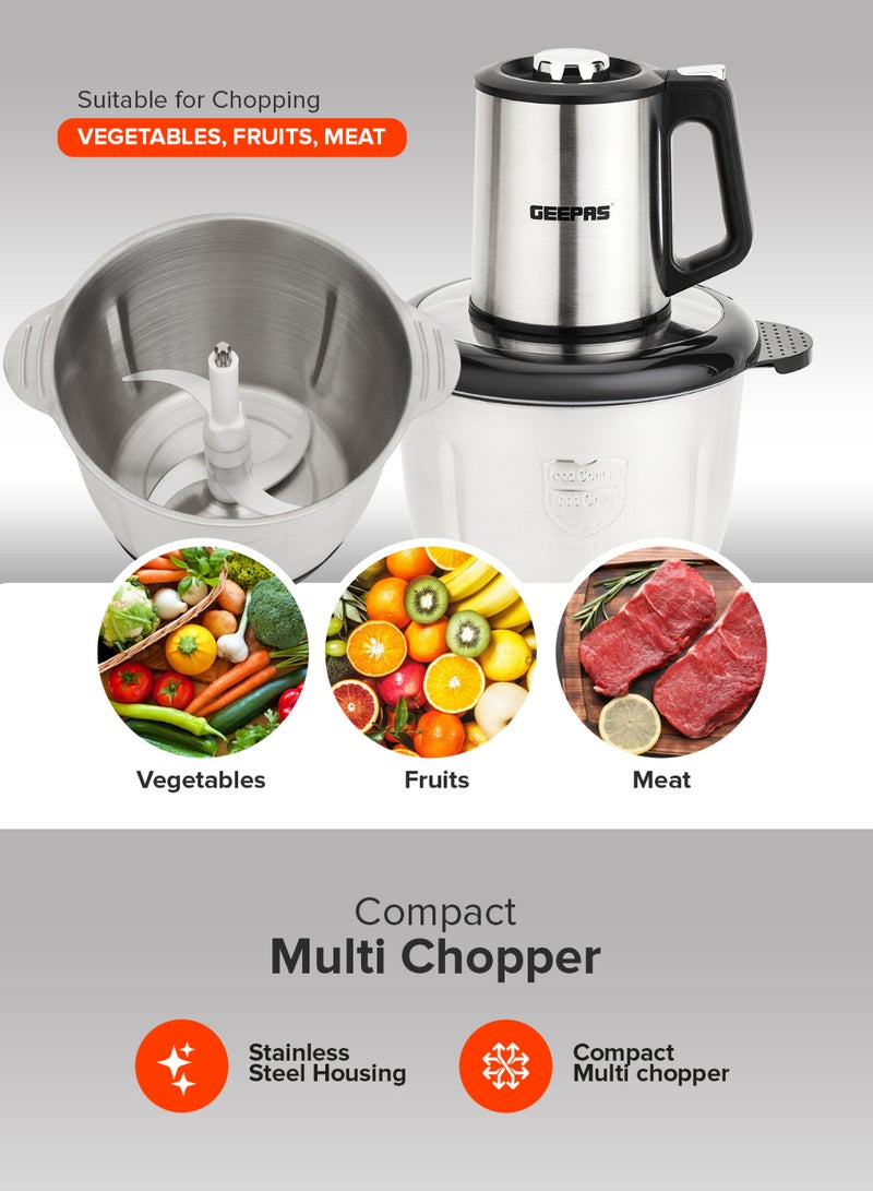 GEEPAS Multi-Functional Electric Food Chopper, Stainless Steel Double Blade, 3-Speed Control, Robust Stainless Steel Housing & Gear System, Overheat/Safety Protection, Anti-Slip Base, AC 220-240V, 50/60Hz, 3 L 3 L 500 W GMC42025N Black/Silver - Image 3