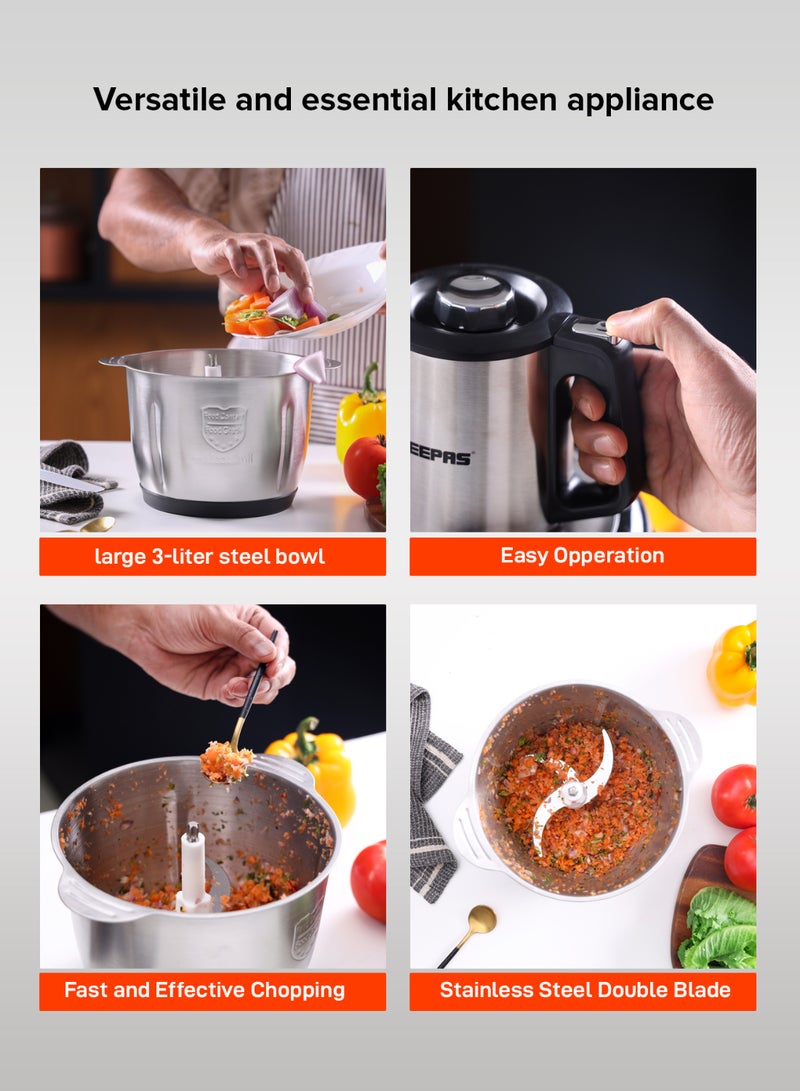 GEEPAS Multi-Functional Electric Food Chopper, Stainless Steel Double Blade, 3-Speed Control, Robust Stainless Steel Housing & Gear System, Overheat/Safety Protection, Anti-Slip Base, AC 220-240V, 50/60Hz, 3 L 3 L 500 W GMC42025N Black/Silver - Image 4