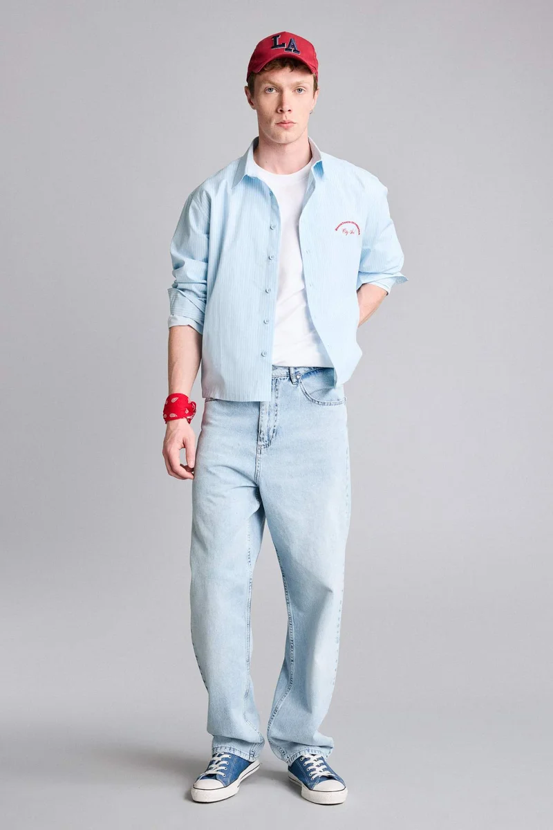 ديفاكتو Boxy Fit Shirt Collar Printed Striped Long Sleeve Shirt