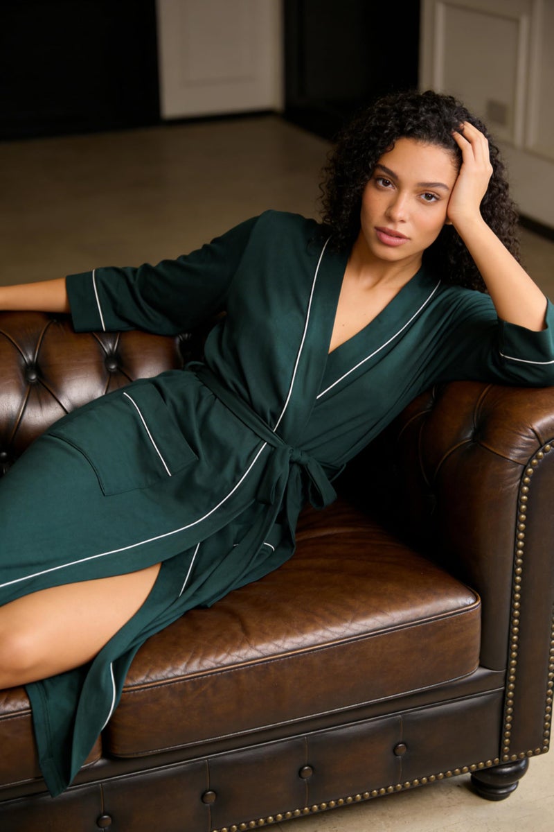 HEARTNICE Womens Cotton Robe, Soft Kimono Spa Knit Long Bathrobe Lightweight Loungewear(DARK GREEN, M - Image 2