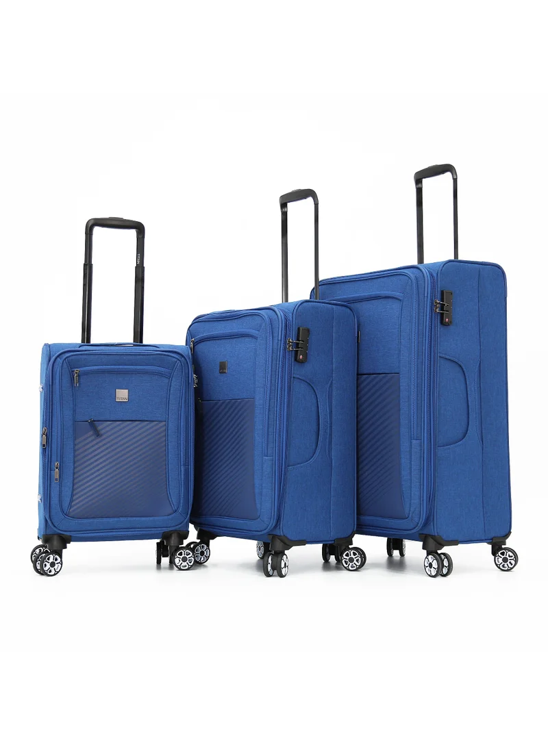 تيتان Softside Luggage Trolley Bag 3 Pieces Set With Double Spinner Wheels,Blue (S-20, M-24, L-28 inch)