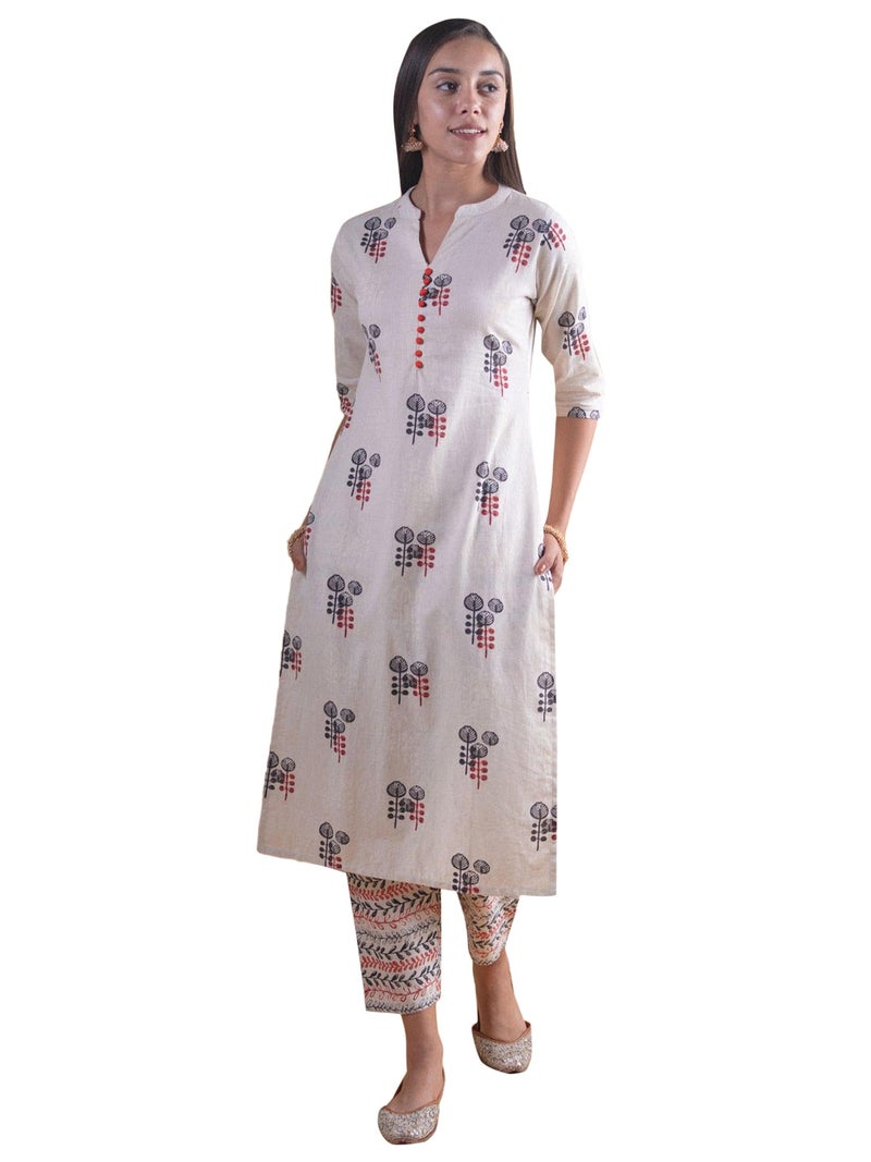 Libas Women's Silk Blend Printed Regular Fit Kurta Set (6313_Off White - Image 1