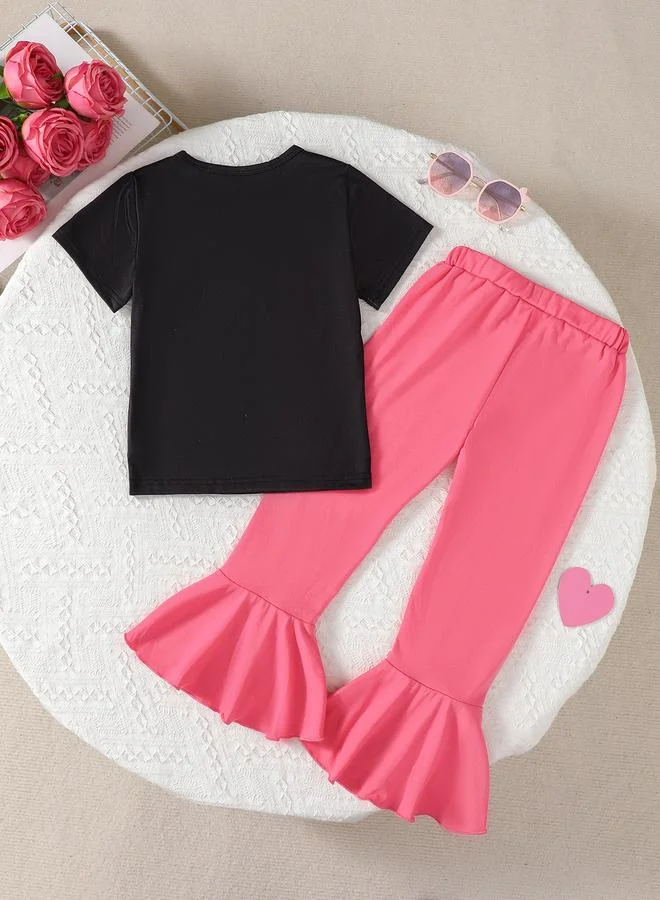 Take Two Girls Graphic Print Short Sleeves T-Shirt and Pink Ruffled Joggers Set