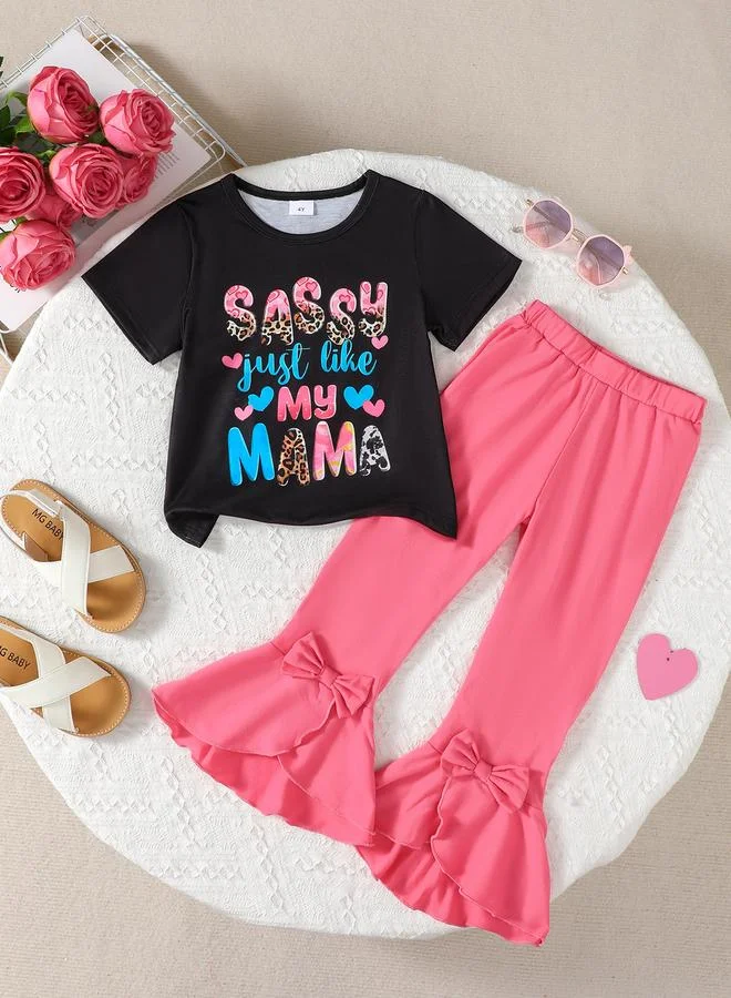 Take Two Girls Graphic Print Short Sleeves T-Shirt and Pink Ruffled Joggers Set