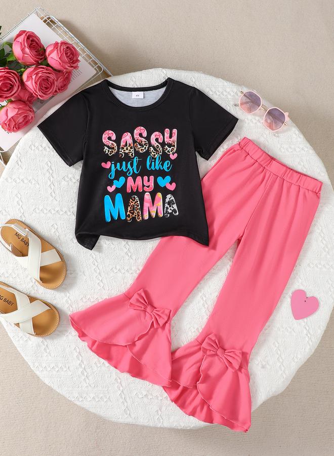 تايك تو طقم تيشرت بأكمام قصيرة بطبعة جرافيك وبنطال جوجرز بكسرات للفتيات - وردي - Image 1