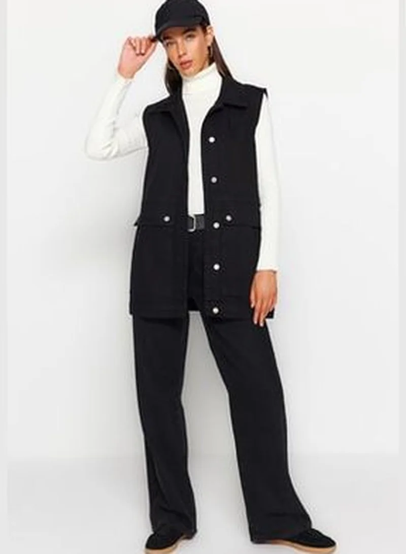 trendyol Black Shirt Collar Pocket Detailed 100% Cotton Denim Vest Jacket TCTAW22CK0006