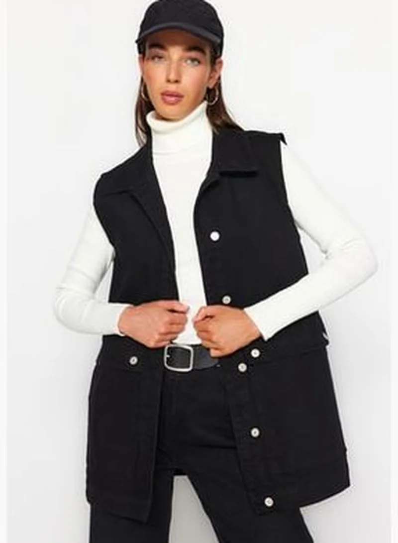 trendyol Black Shirt Collar Pocket Detailed 100% Cotton Denim Vest Jacket TCTAW22CK0006