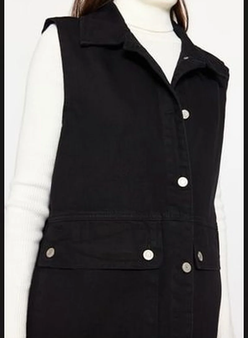 trendyol Black Shirt Collar Pocket Detailed 100% Cotton Denim Vest Jacket TCTAW22CK0006