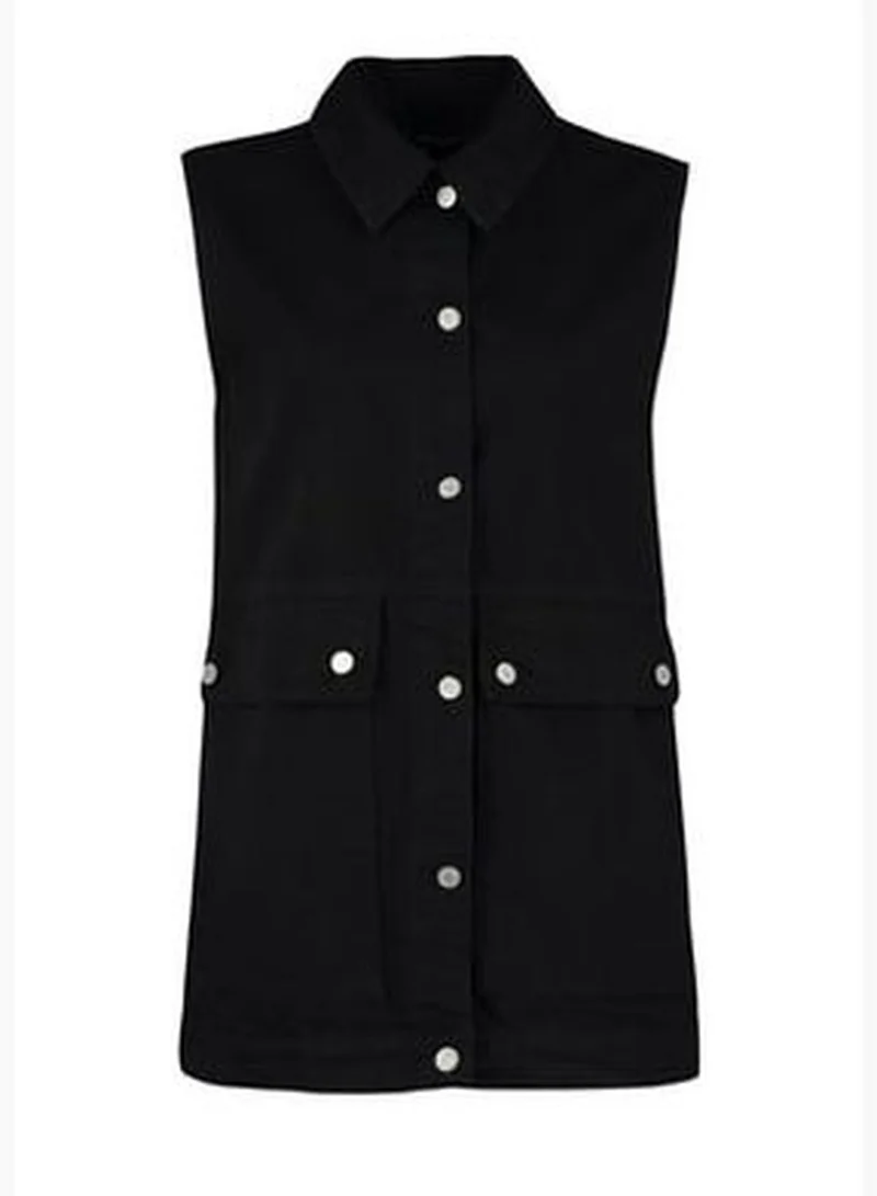trendyol Black Shirt Collar Pocket Detailed 100% Cotton Denim Vest Jacket TCTAW22CK0006