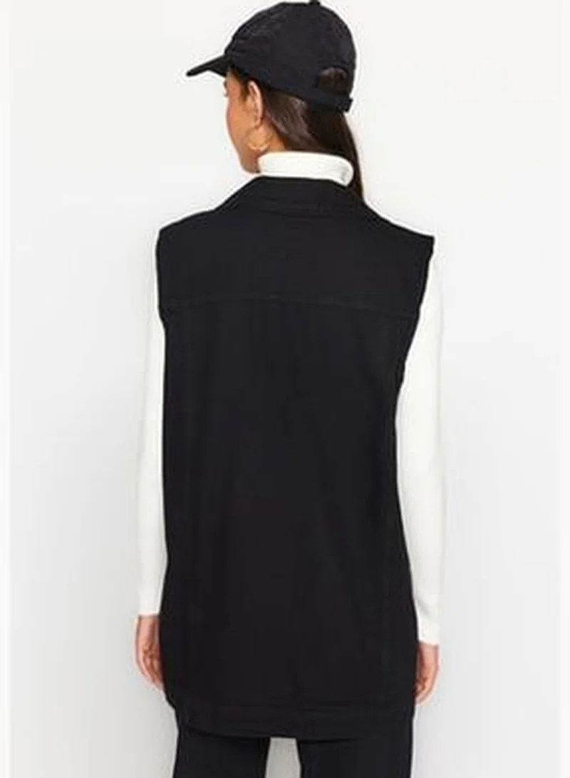 trendyol Black Shirt Collar Pocket Detailed 100% Cotton Denim Vest Jacket TCTAW22CK0006