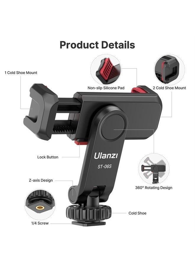Ulanzi Phone Tripod Mount ST-06S, Universal Smartphone Mount Adapter with 2 Cold Shoe, 360° Rotates and Adjustable Cell Phone Clip Clamp Holder, Compatible with iPhone, Samsung Galaxy and All Phones - Image 3