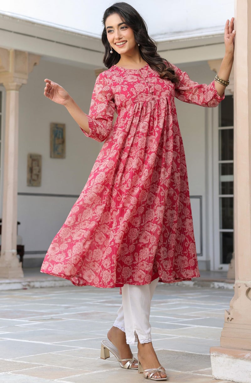 Janasya Women's Dark Pink Chiffon Lurex Floral Printed Flared Kurta (JNE4122-KR-RE-L) - Image 5