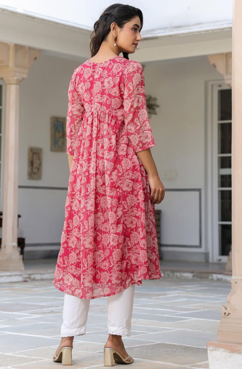 Janasya Women's Dark Pink Chiffon Lurex Floral Printed Flared Kurta (JNE4122-KR-RE-L) - Image 4